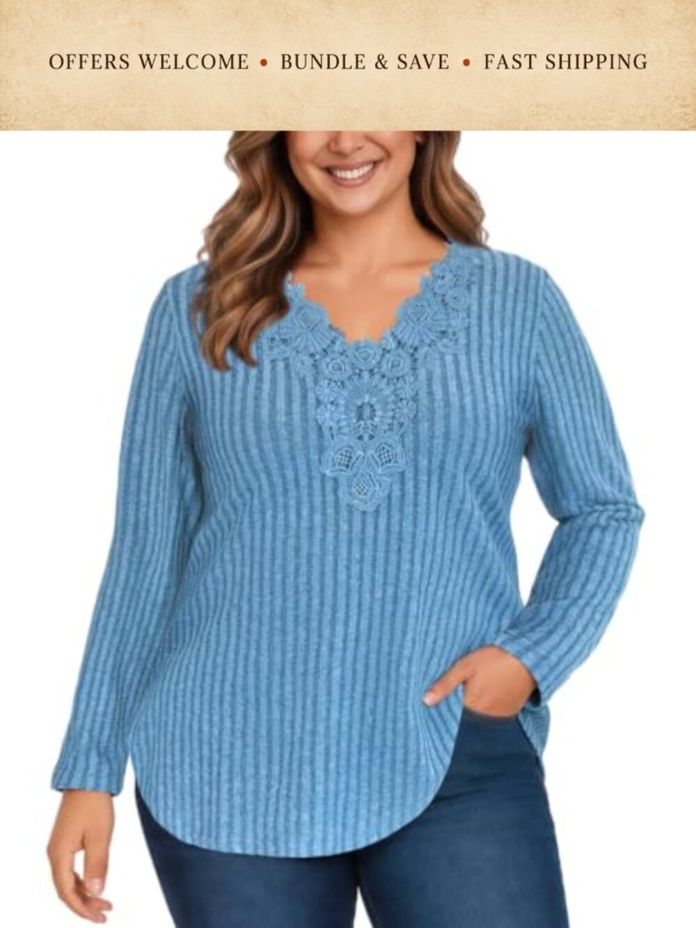 Lace V Neck Long Sleeve Knit Sweater Pullover Top